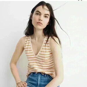 Madewell, yellow Whisper Cotton V-Neck Pocket Tank in Baker Stripe medium